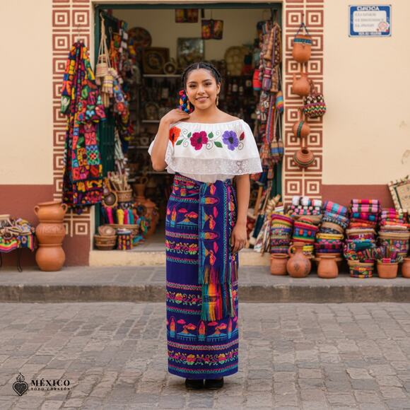 Traditional Mexican Floral Cambaya Dress Set – Handmade Two-Piece Skirt & Blouse - Picture 3 of 7